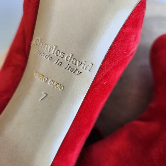 Charles David Lula Fringe Trim Suede Bootie Red Ankle Boot High Heels Size 7 - Picture 9 of 16